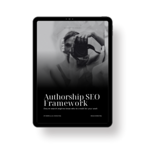 Black tablet mockup showing the cover of the Authorship SEO Framework, an SEO Ready offer from MoCo.Marketing