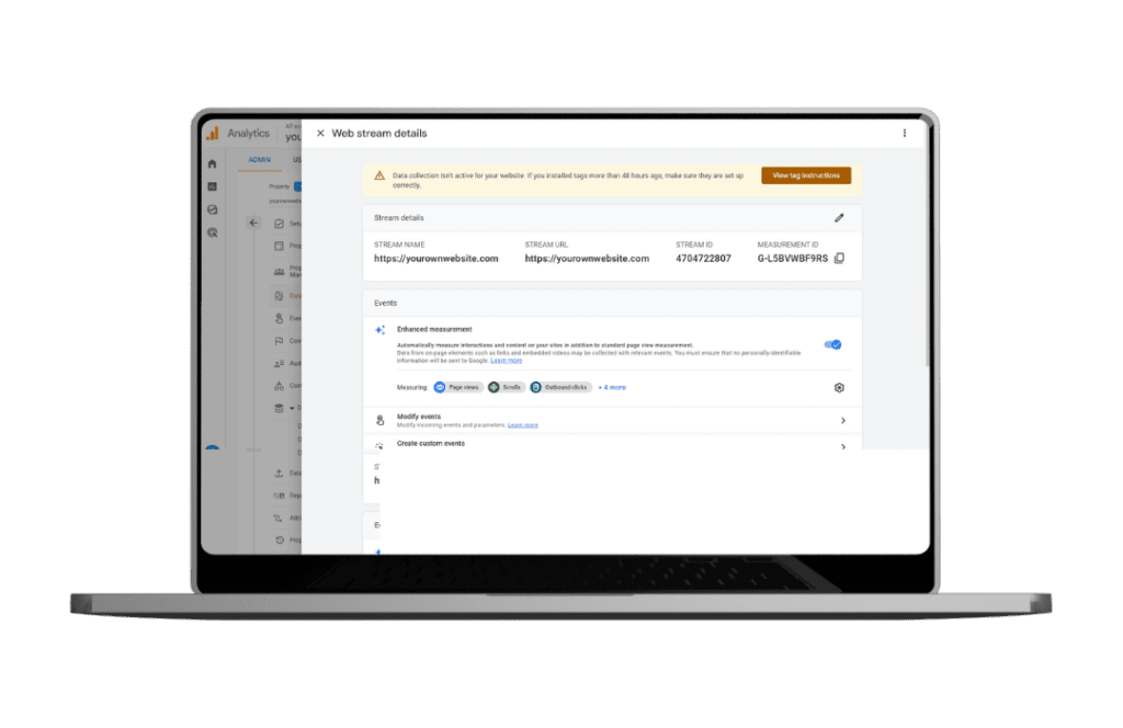 Google analytics setup web stream to get measurement id computer mockup