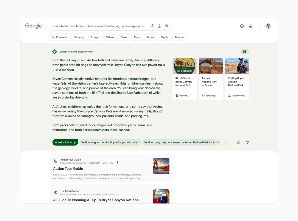 Google search generative experience result answering a family trip question about bryce canyon