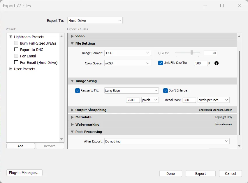 Photographers Guide To Showit Image Optimization Lightroom export settings dialog with image sizing and file size limits for showit