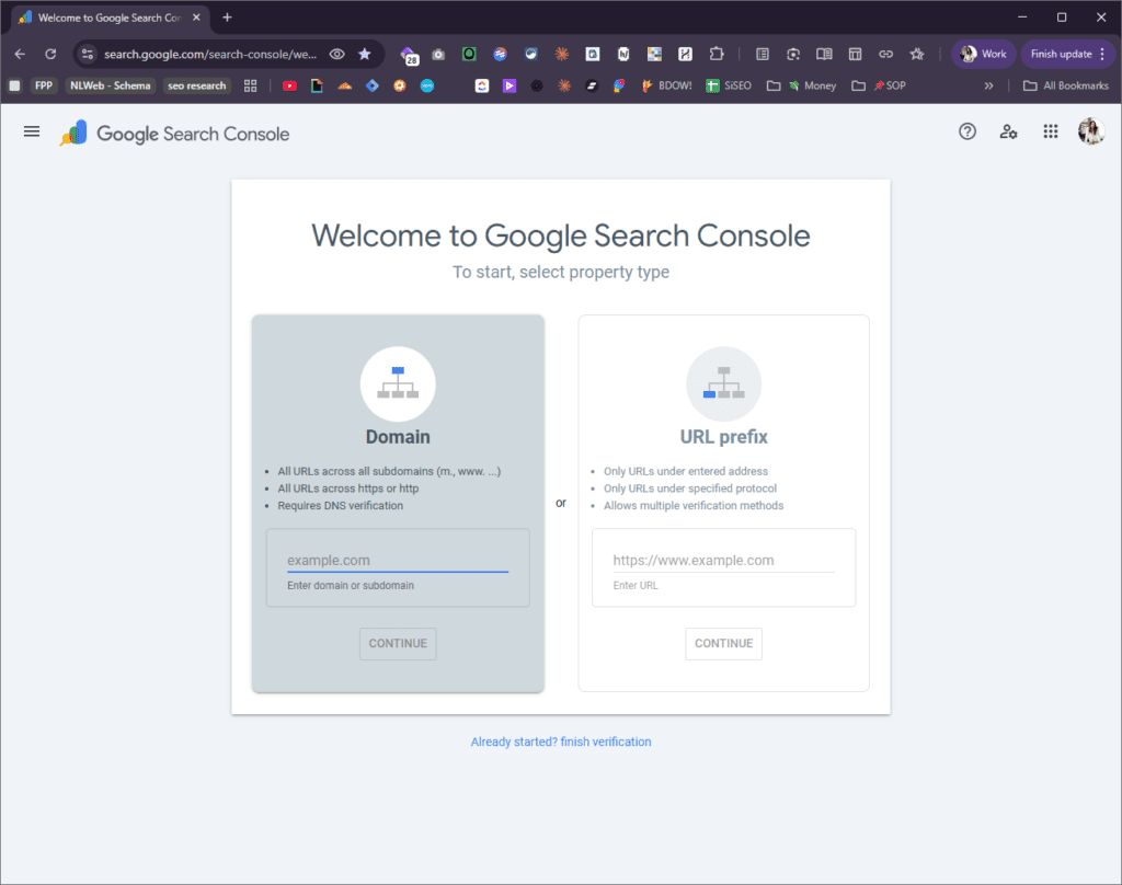 Google Search Console Welcome Page Screenshot showing Domain vs URL options
