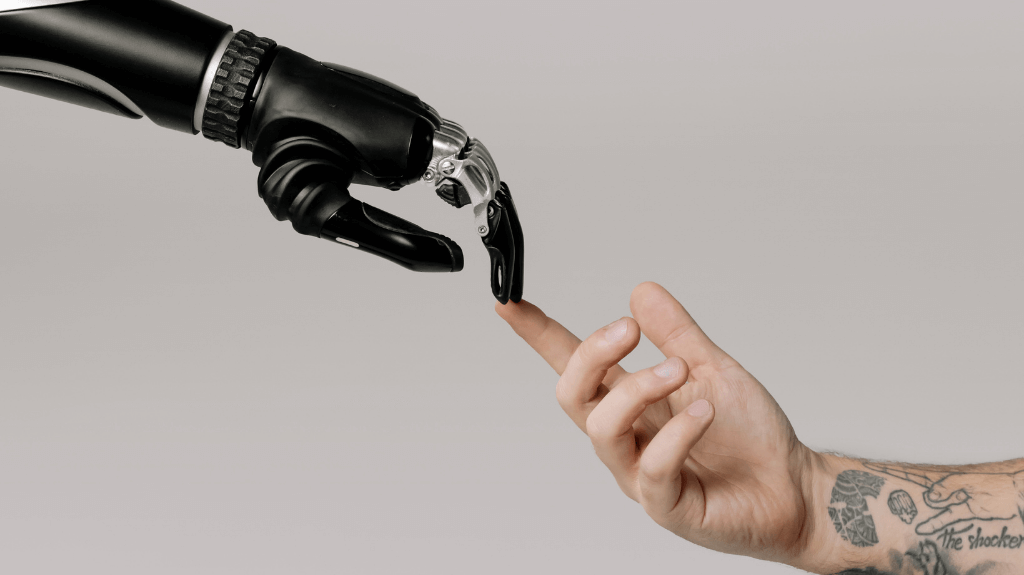 AI Robot hand reaching out to human hand