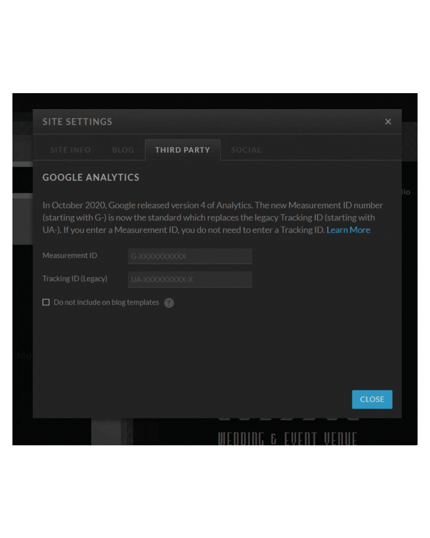 Site settings dialog showing the third party tab with google analytics fields for measurement id and tracking id (legacy)