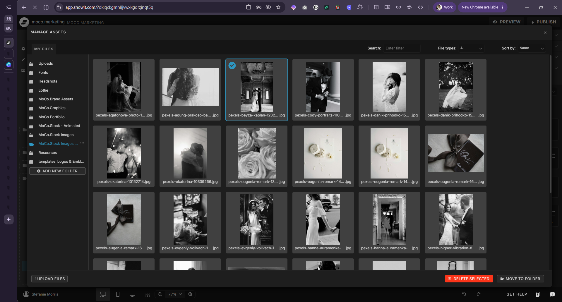 Showit manage assets panel displaying a grid of black-and-white wedding stock photos with one image selected img_4521. Jpg