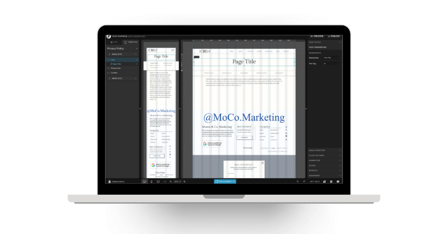 Laptop screen showing a website builder interface with a page template displaying @moco. Marketing branding