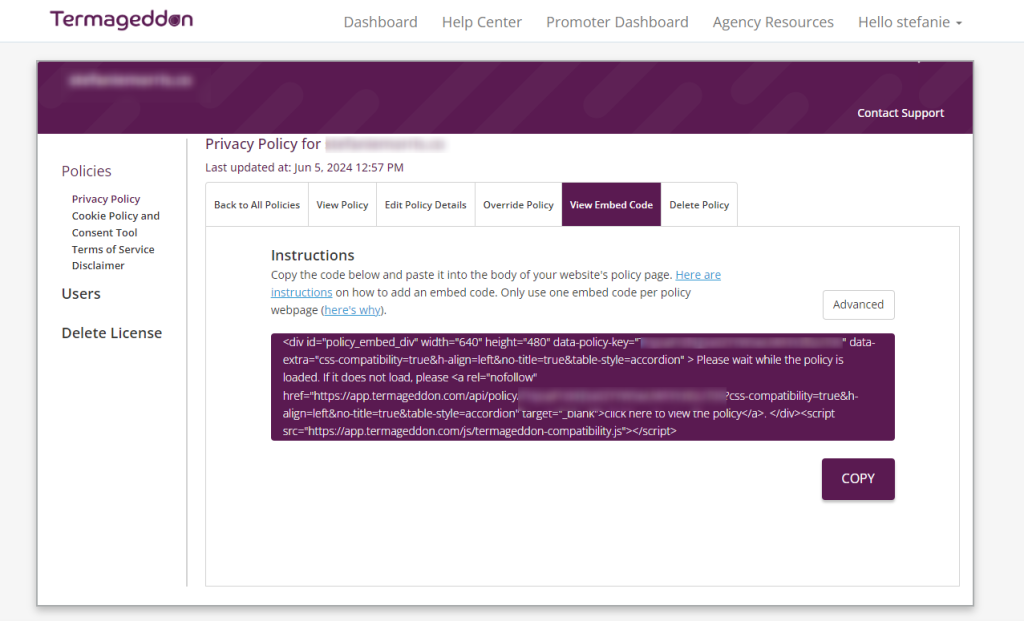Best Privacy Policy Generator For Businesses 2 Termageddon Dashboard Embed Privacy Policy Code