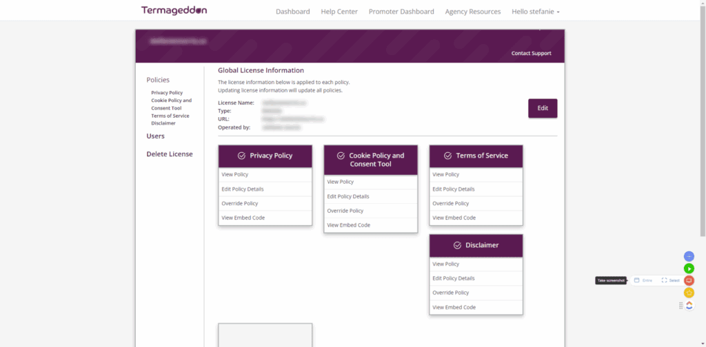 Best Privacy Policy Generator For Businesses 1 Termageddon Dashboard Preview