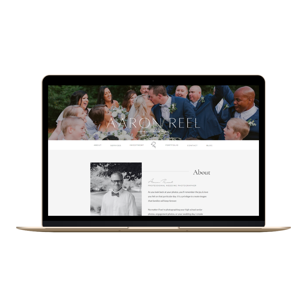 Aaron reel's showit photography website, built and configured by morris and co, displayed on a laptop