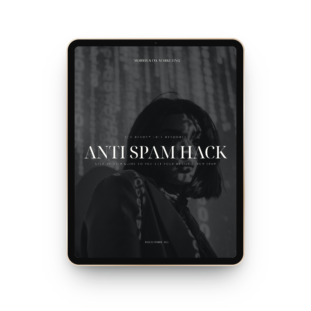 Cover of the Anti-Spam Hack, a free SEO Ready guide from Morris & Co. Marketing, shown on a tablet