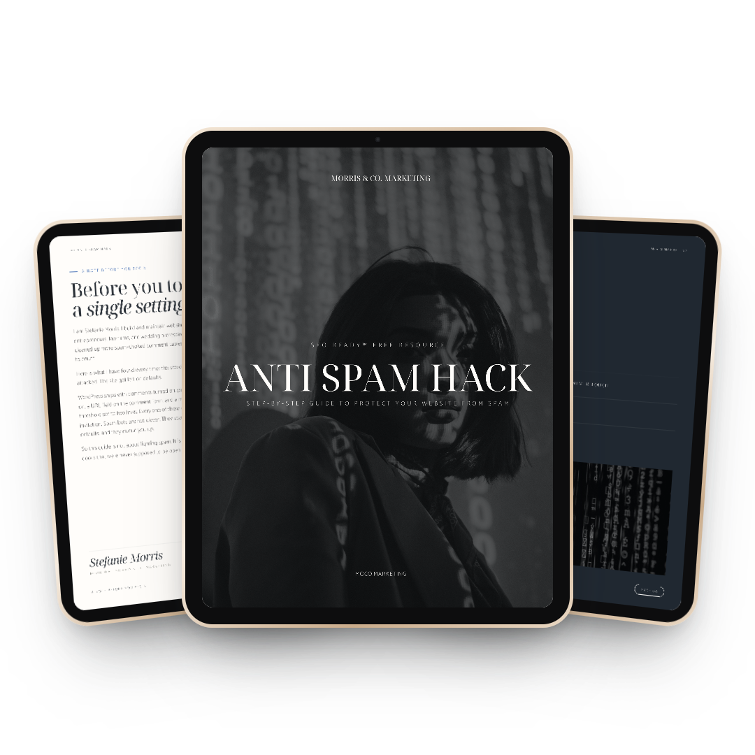 Three tablets showing the Anti-Spam Hack cover, the Before you touch a single setting intro, and The four steps overview
