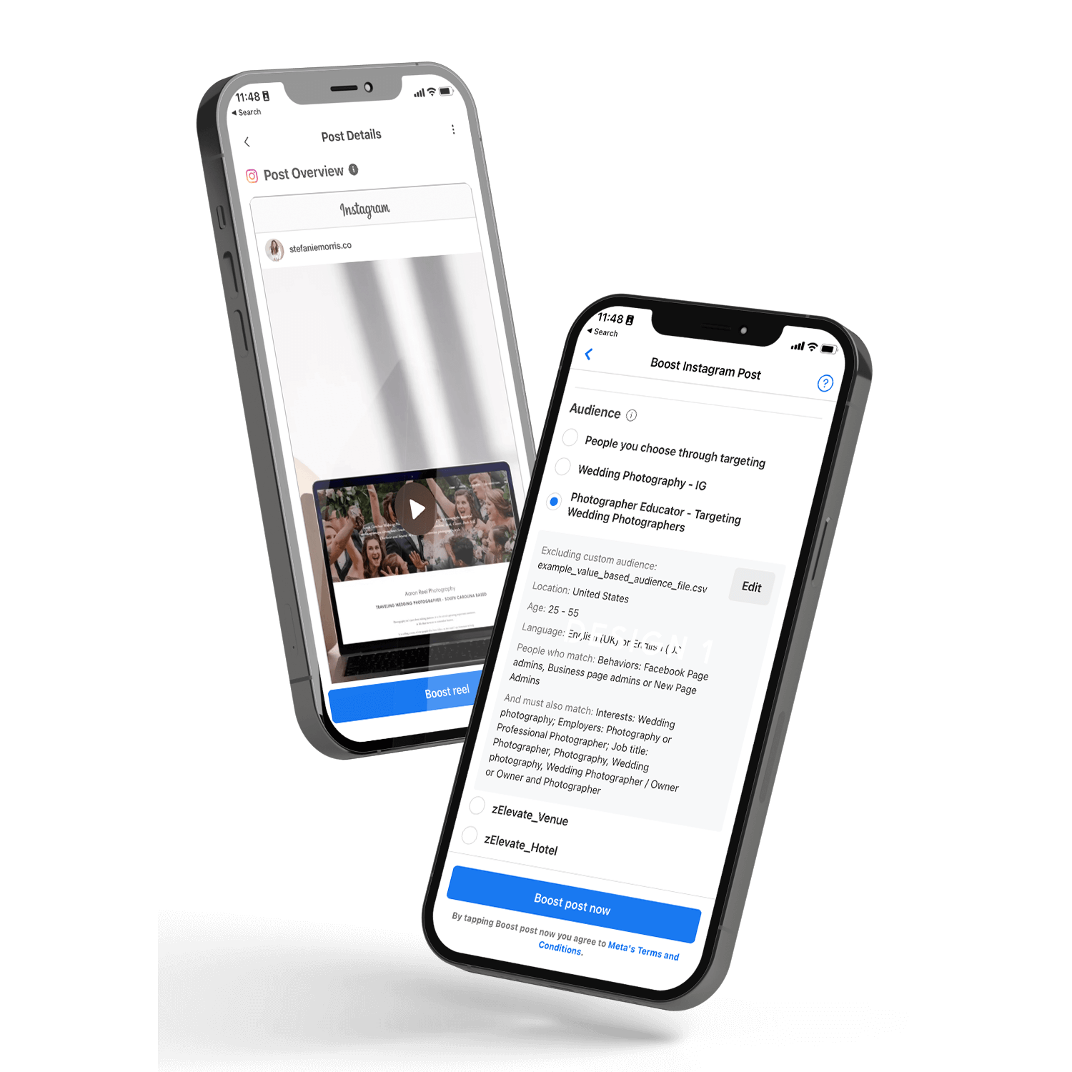 Facebook business suite app screens showing boost instagram post audience settings