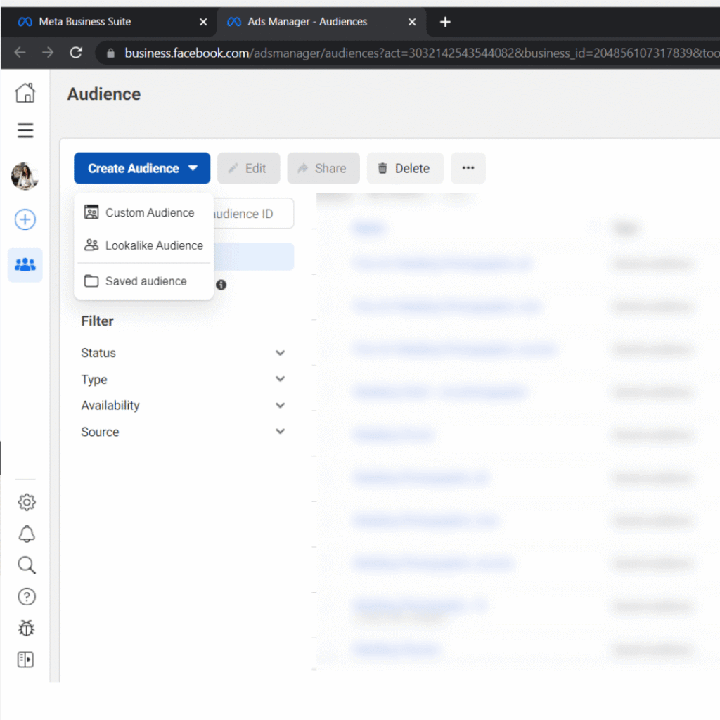 Facebook ads manager audiences screen with custom, lookalike, and saved audience types