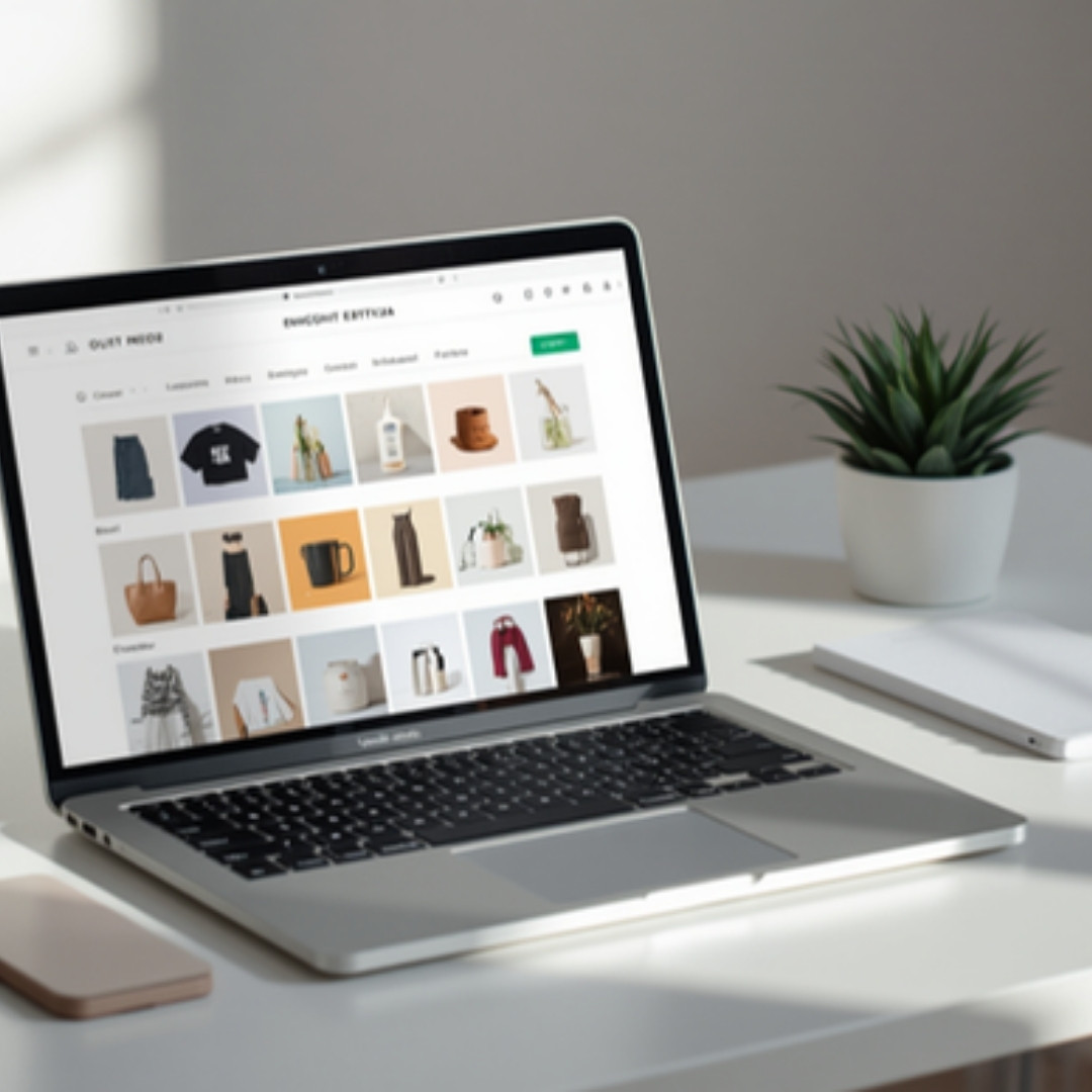 Laptop on a clean desk showing an ecommerce website product grid