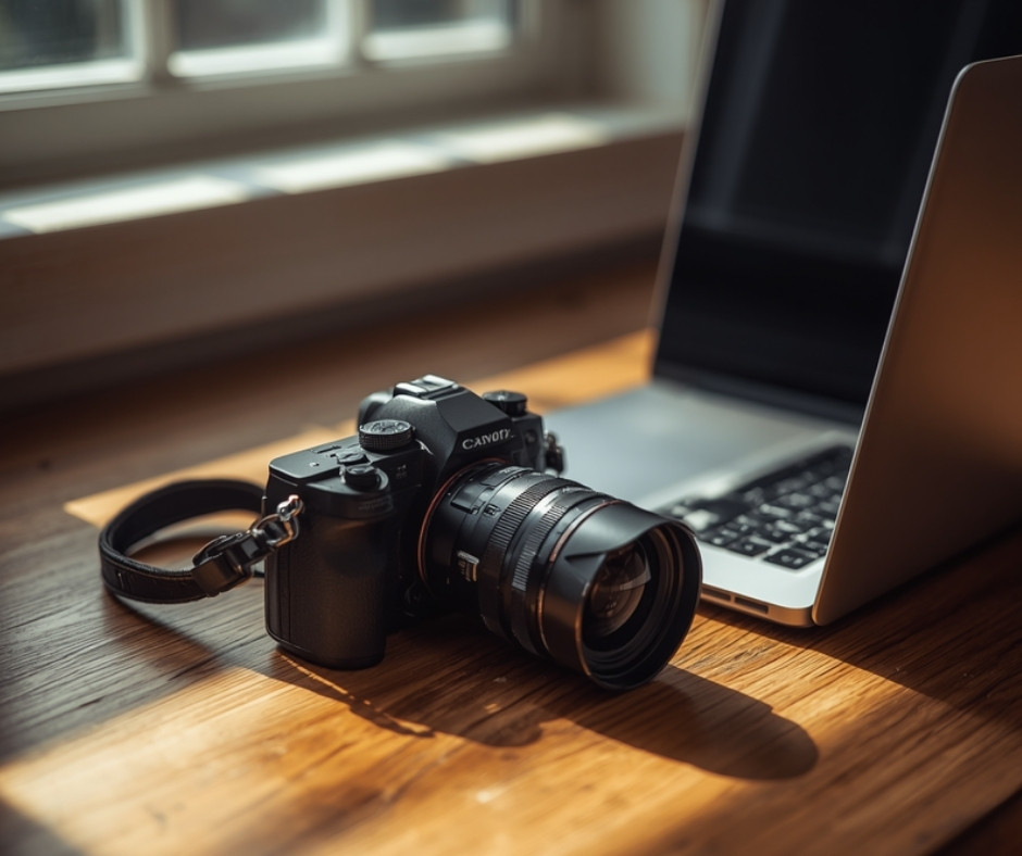 Professional camera beside an open laptop on a wooden desk