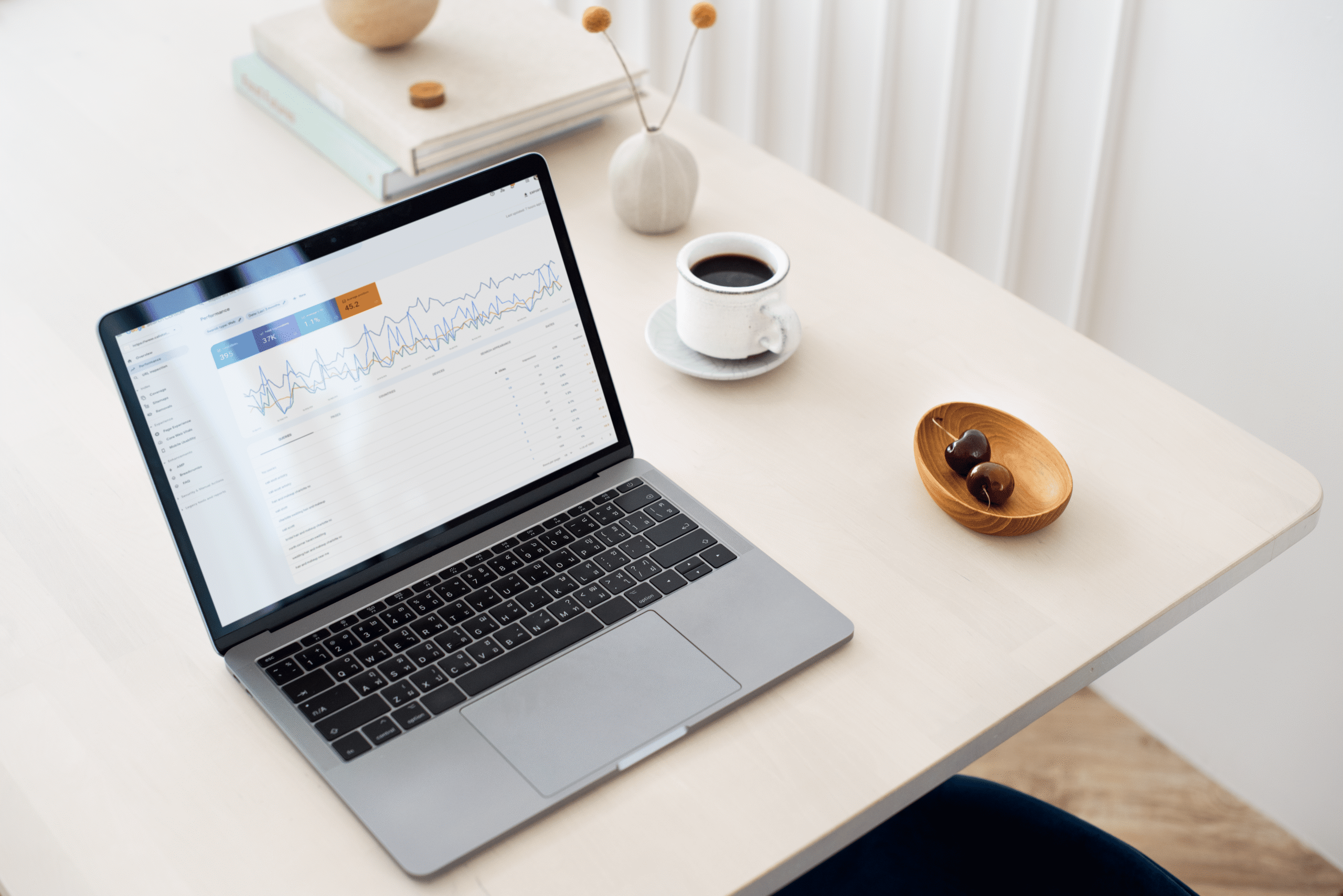Laptop on a desk displaying an analytics dashboard with line charts and data metrics