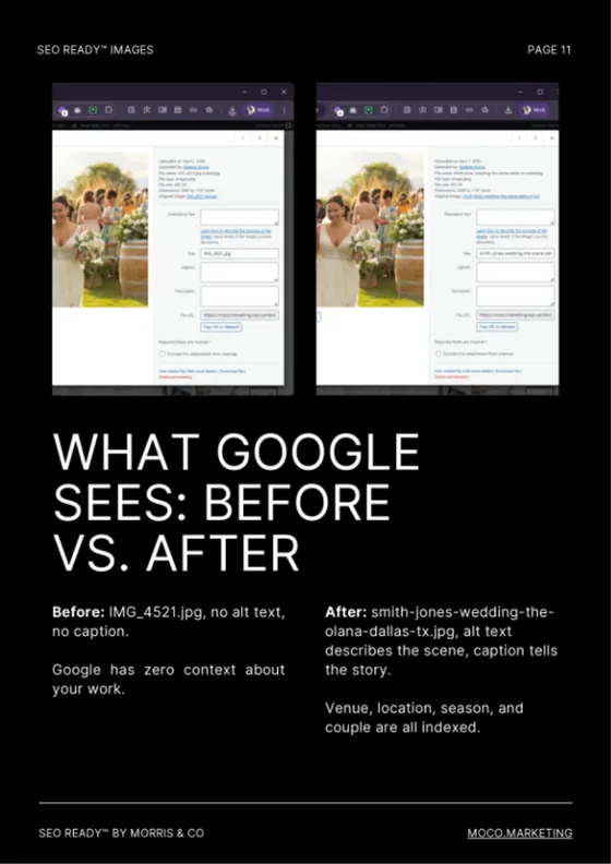 Image Seo Cheat Sheet For Creatives - Free Resource Page 11 of the Image SEO Cheat Sheet, What Google Sees: Before vs. After, comparing an unnamed wedding photo with an optimized one