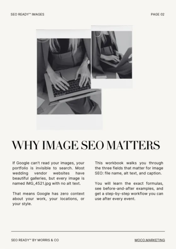 Image Seo Cheat Sheet For Creatives - Free Resource Page 2 of the Image SEO Cheat Sheet, Why Image SEO Matters, with a black and white photo of hands on a laptop keyboard