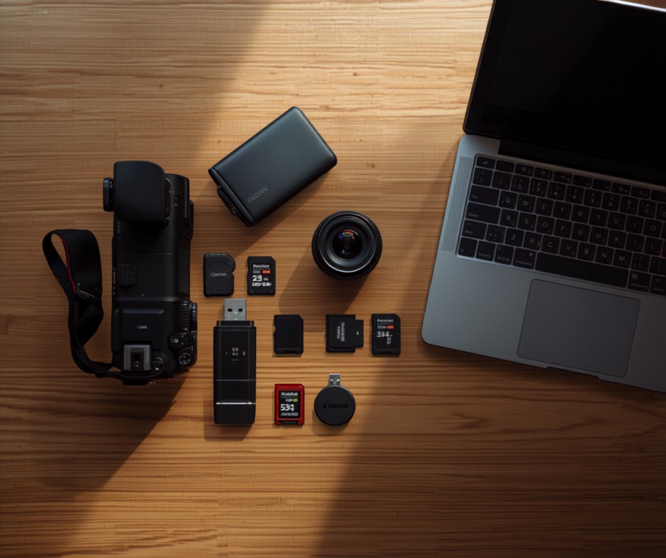 Overhead view of a wedding photographer's desk with a camera, lens, memory cards, card readers, and an open laptop