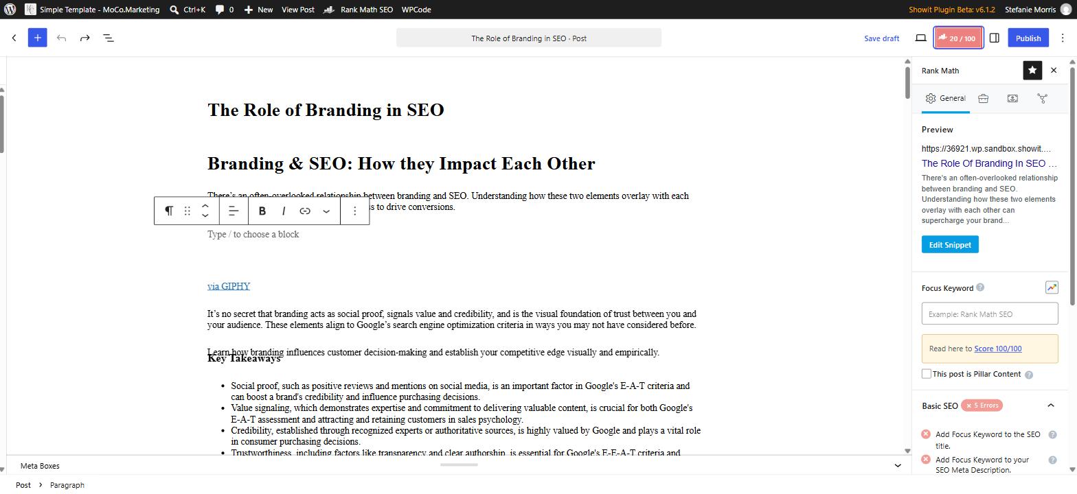 Rank math seo panel in the wordpress editor