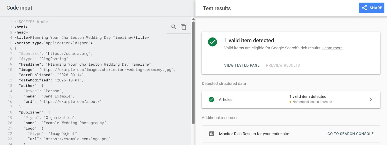 Rich Results Test showing one valid Articles item detected for sample BlogPosting structured data from a fictional wedding photography business