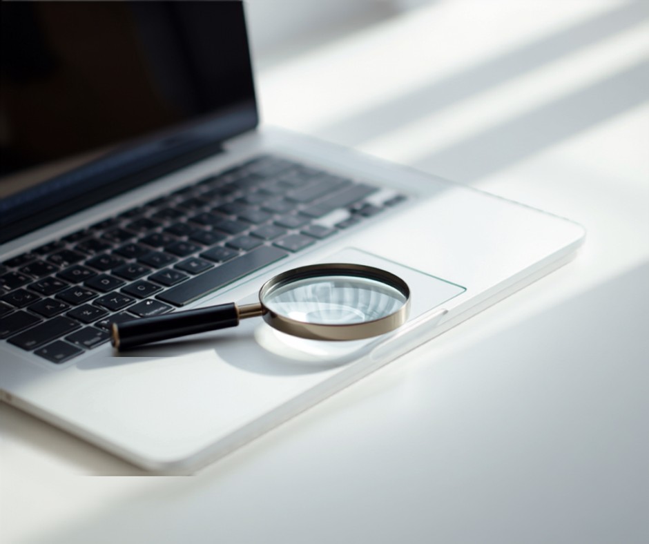Magnifying glass resting on an open laptop keyboard