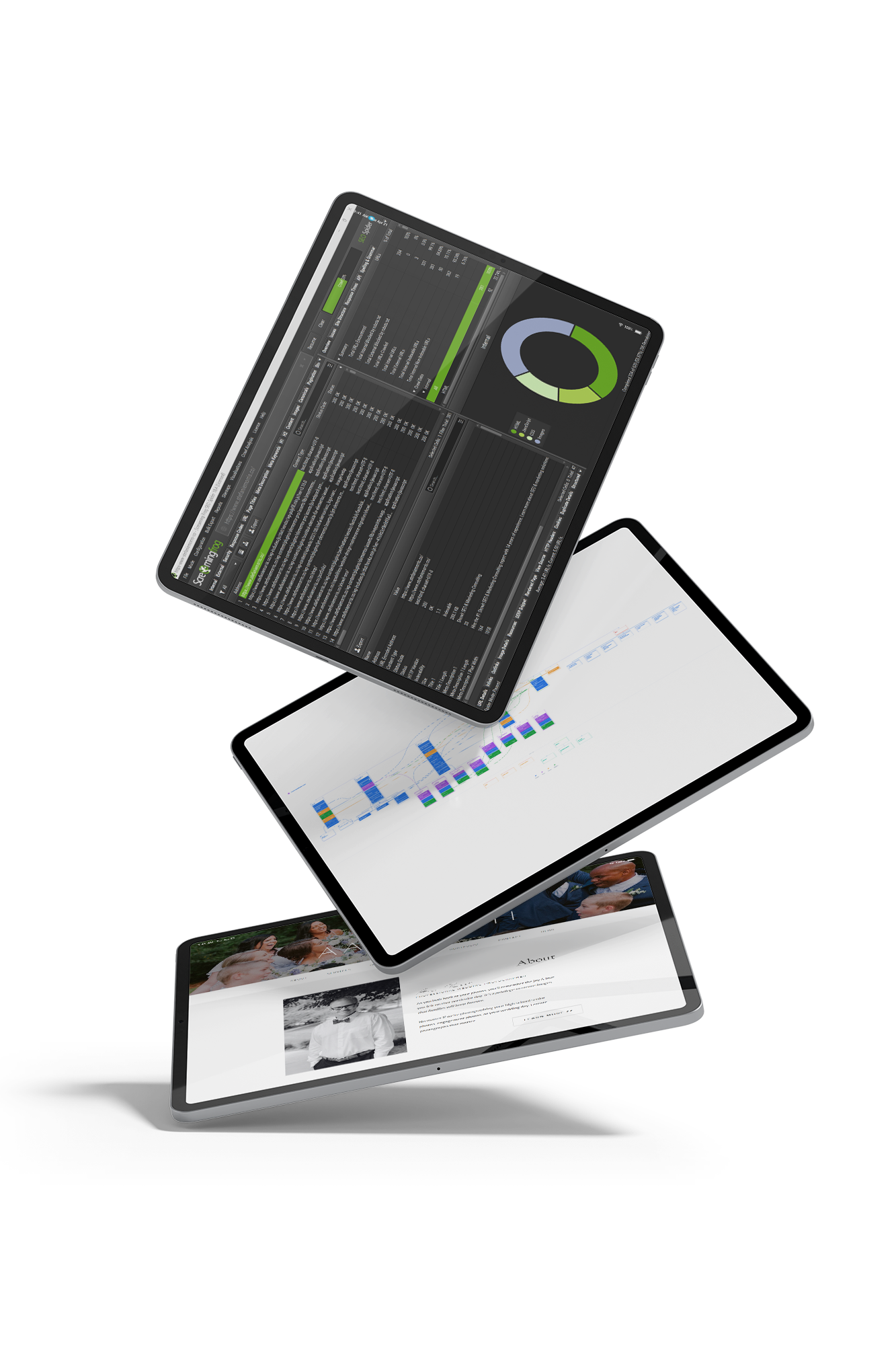 Three tablets displaying seo dashboards, analytics charts, and a live website