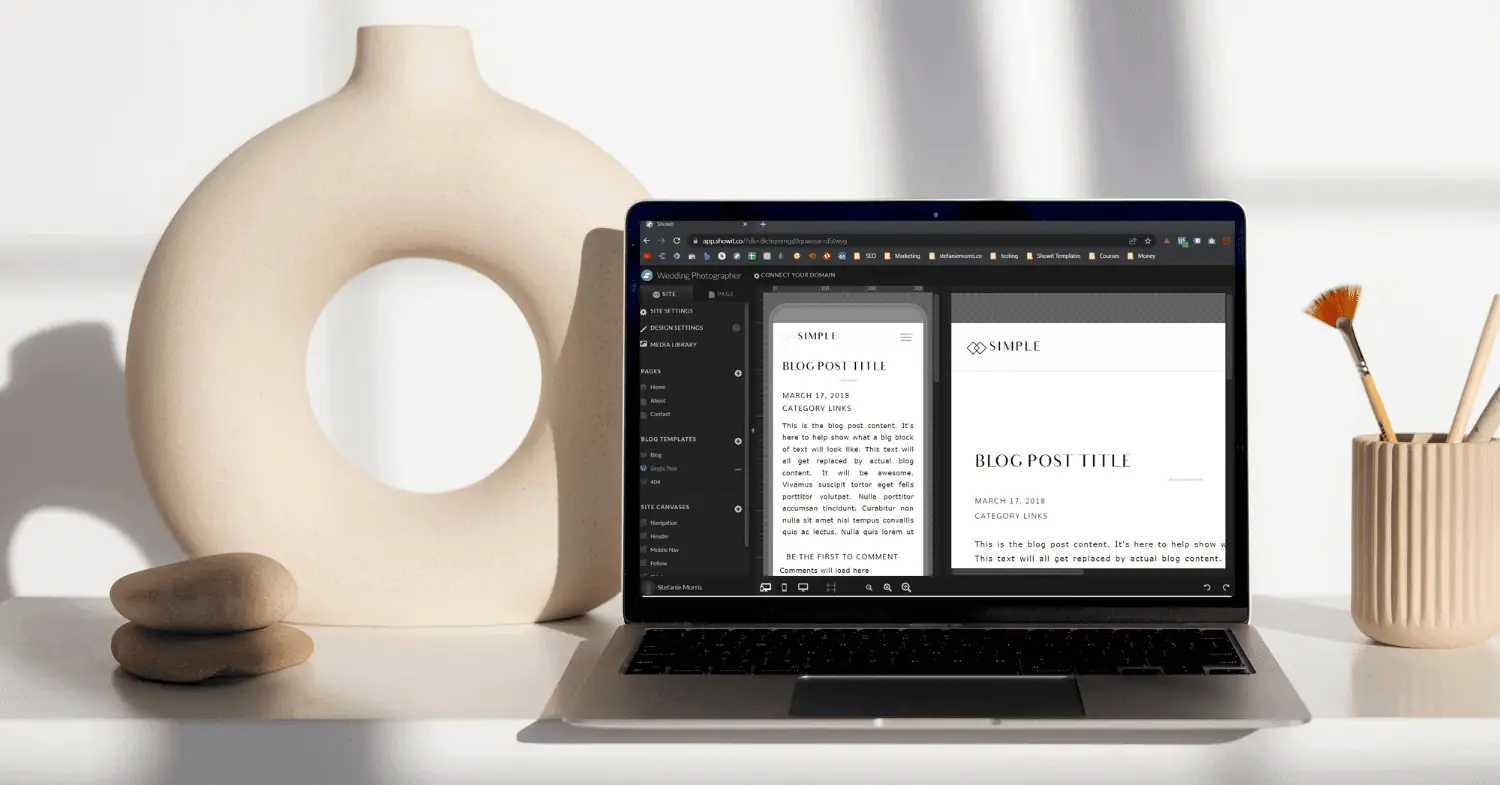 Laptop displaying the Showit website builder with a blog post template shown in mobile and desktop preview side by side