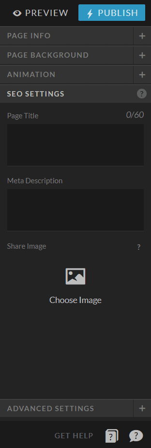 Unlock The Power Of Showit Search Engine Optimization Showit seo settings panel with page title, meta description, and share image fields