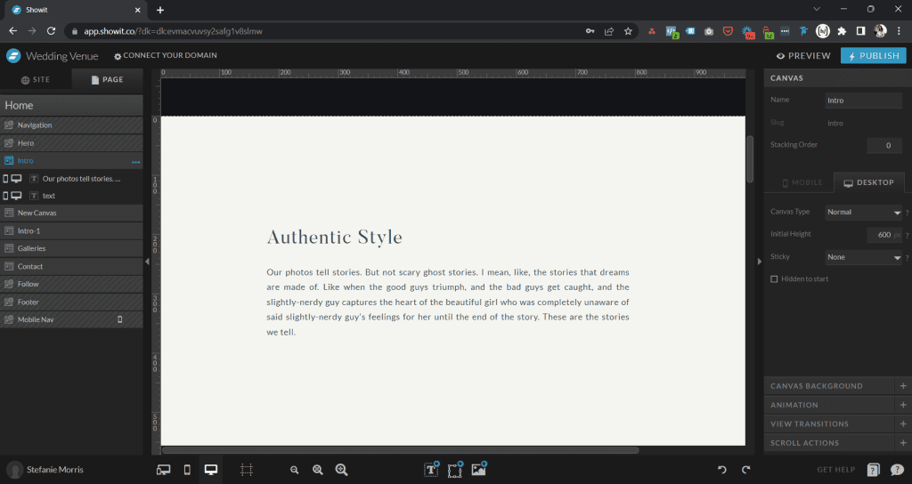 Showit page canvases inside a page in the showit builder