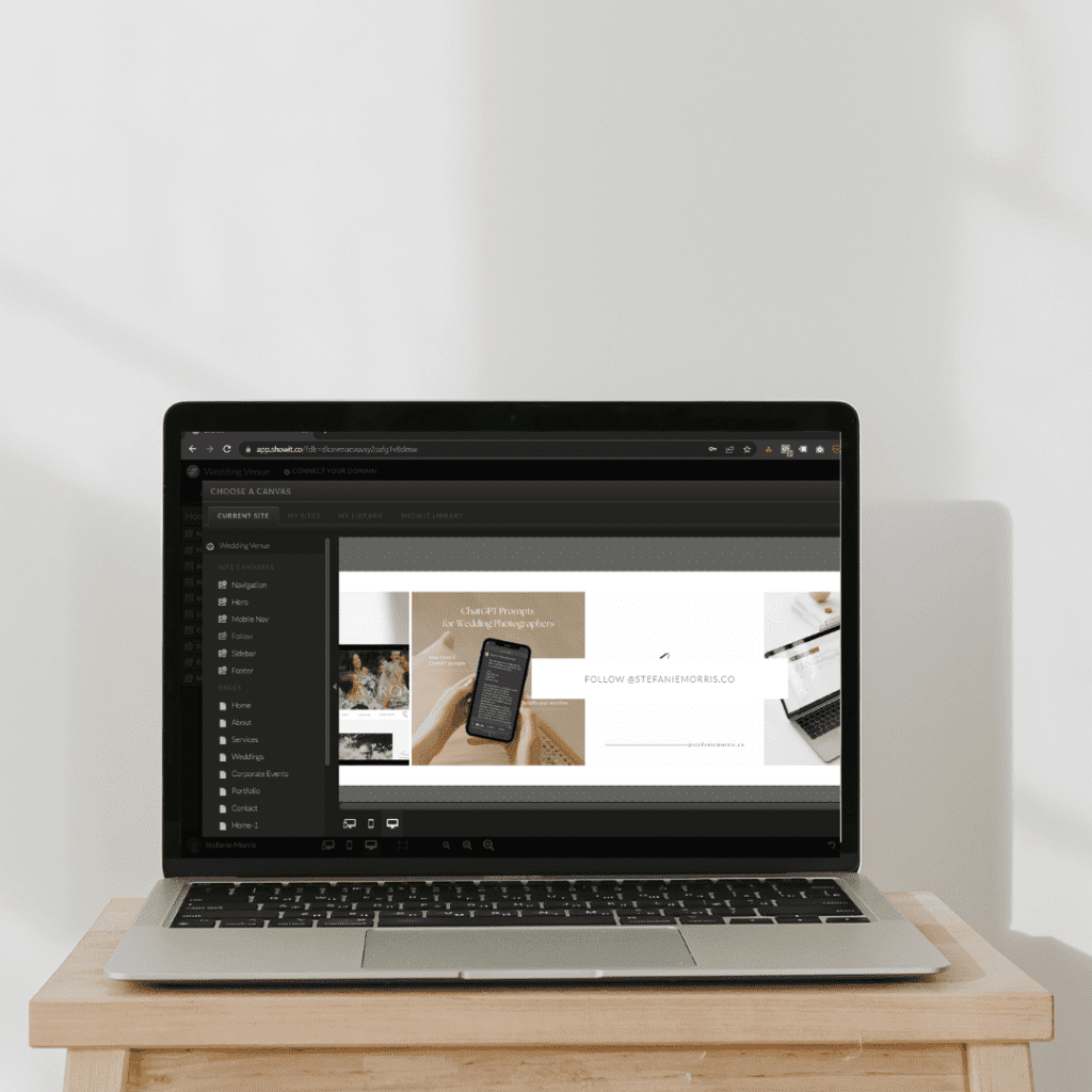 Showit site canvas examples shown in the showit builder