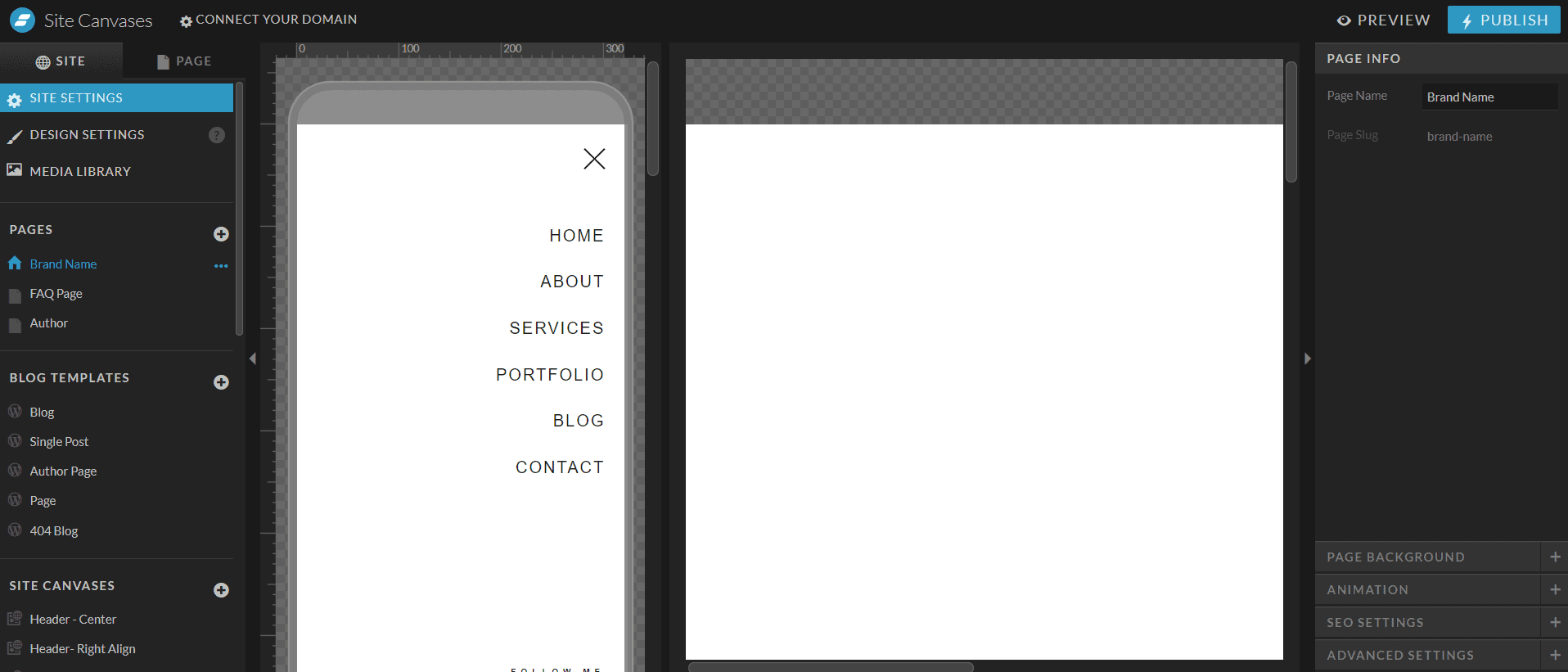 Showit site settings panel