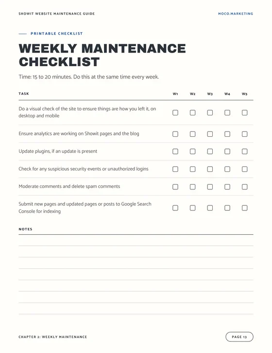 Showit Website Maintenance Guide Page 13 of the Showit Website Maintenance Guide, the printable weekly maintenance checklist with five weeks of check boxes