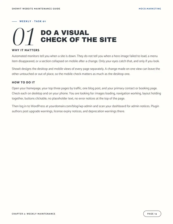 Showit Website Maintenance Guide Page 14 of the Showit Website Maintenance Guide, Task 01, do a visual check of the site on desktop and mobile