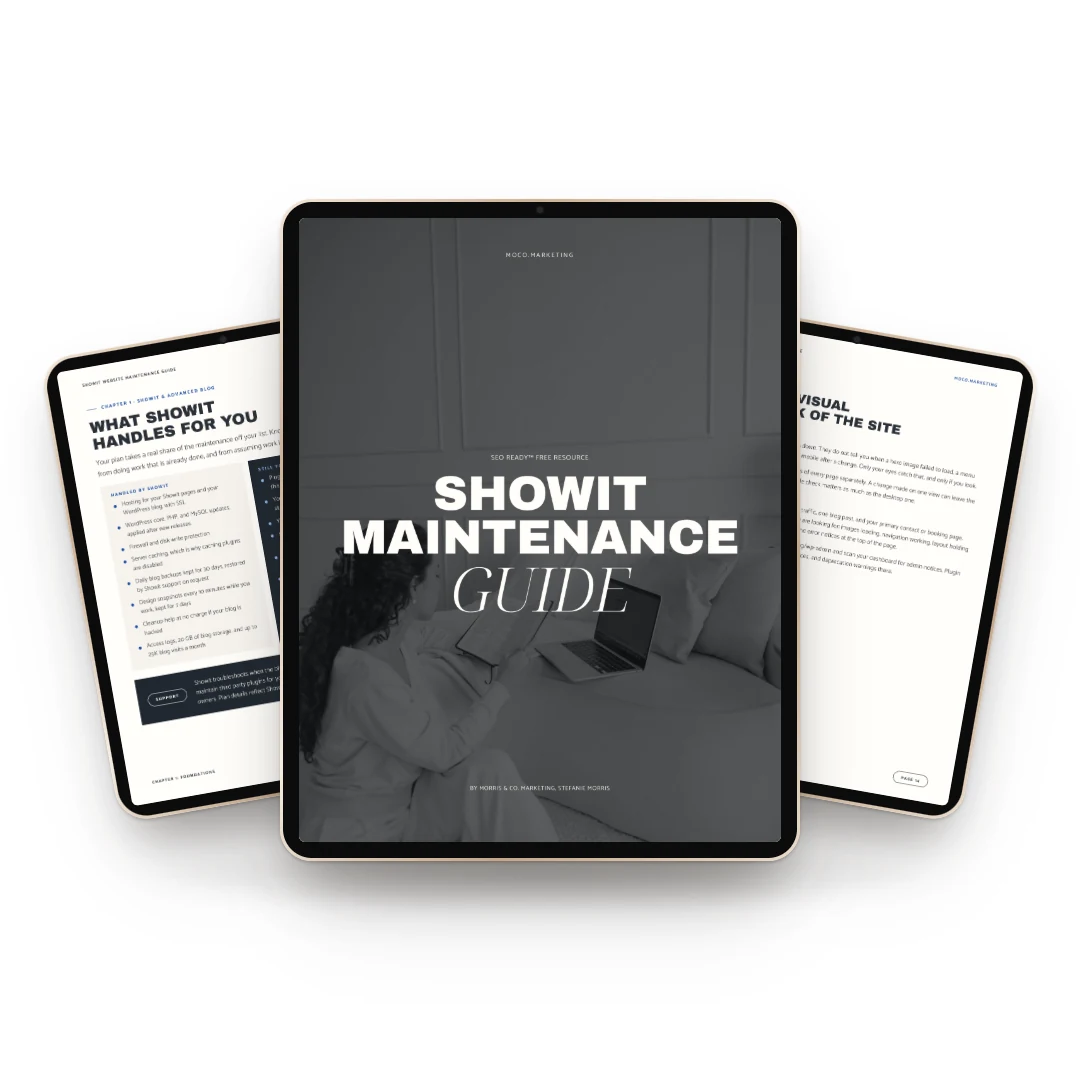 Showit Website Maintenance Guide Inside pages of the Showit Website Maintenance Guide on three tablets, showing What Showit Handles for You and the weekly visual check task