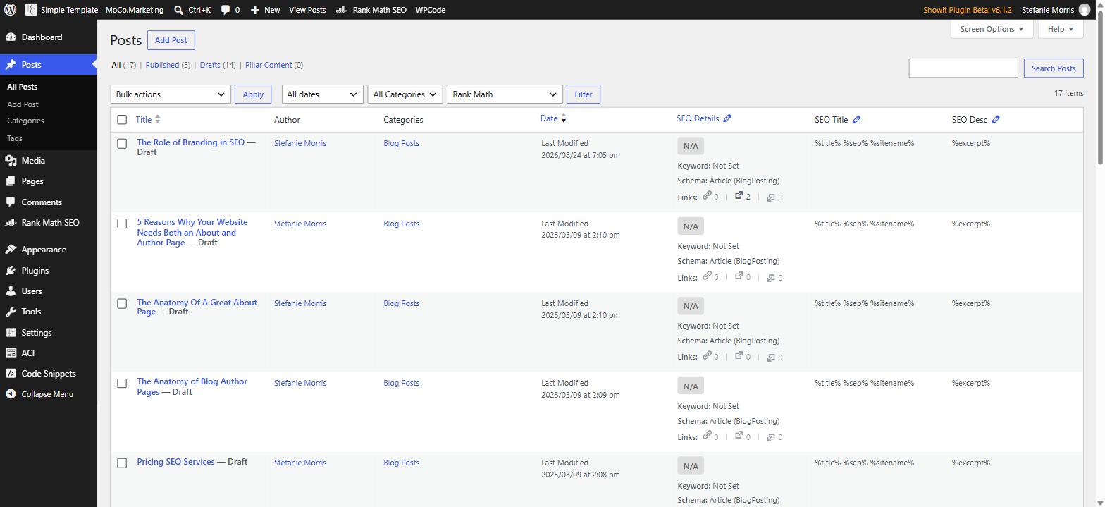 Wordpress posts menu with all posts, categories, and tags